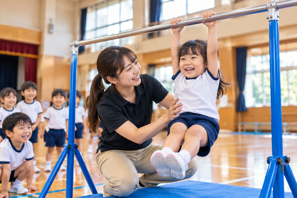鉄棒にぶら下がる子どもを補助する指導者